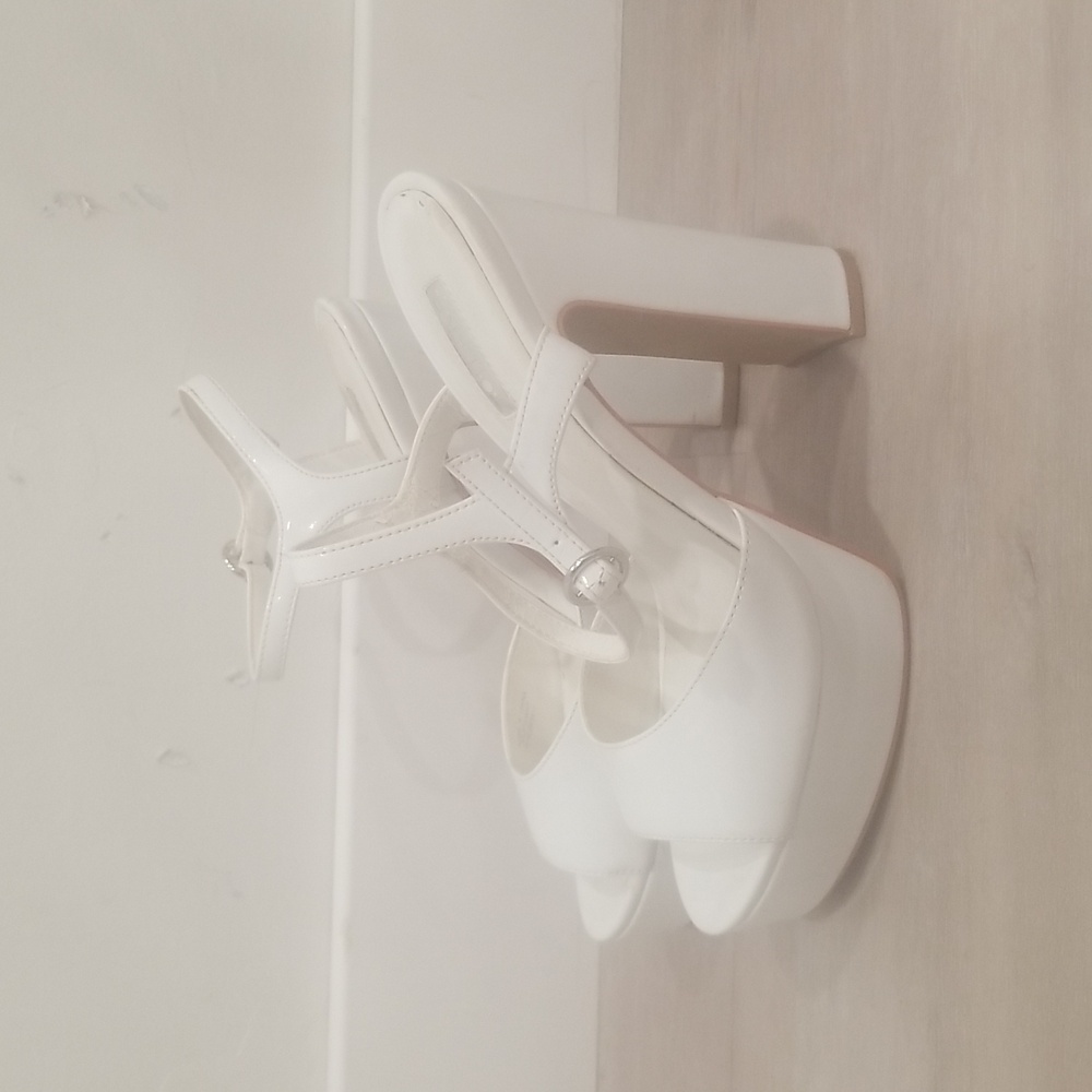 White faux leather platform heels